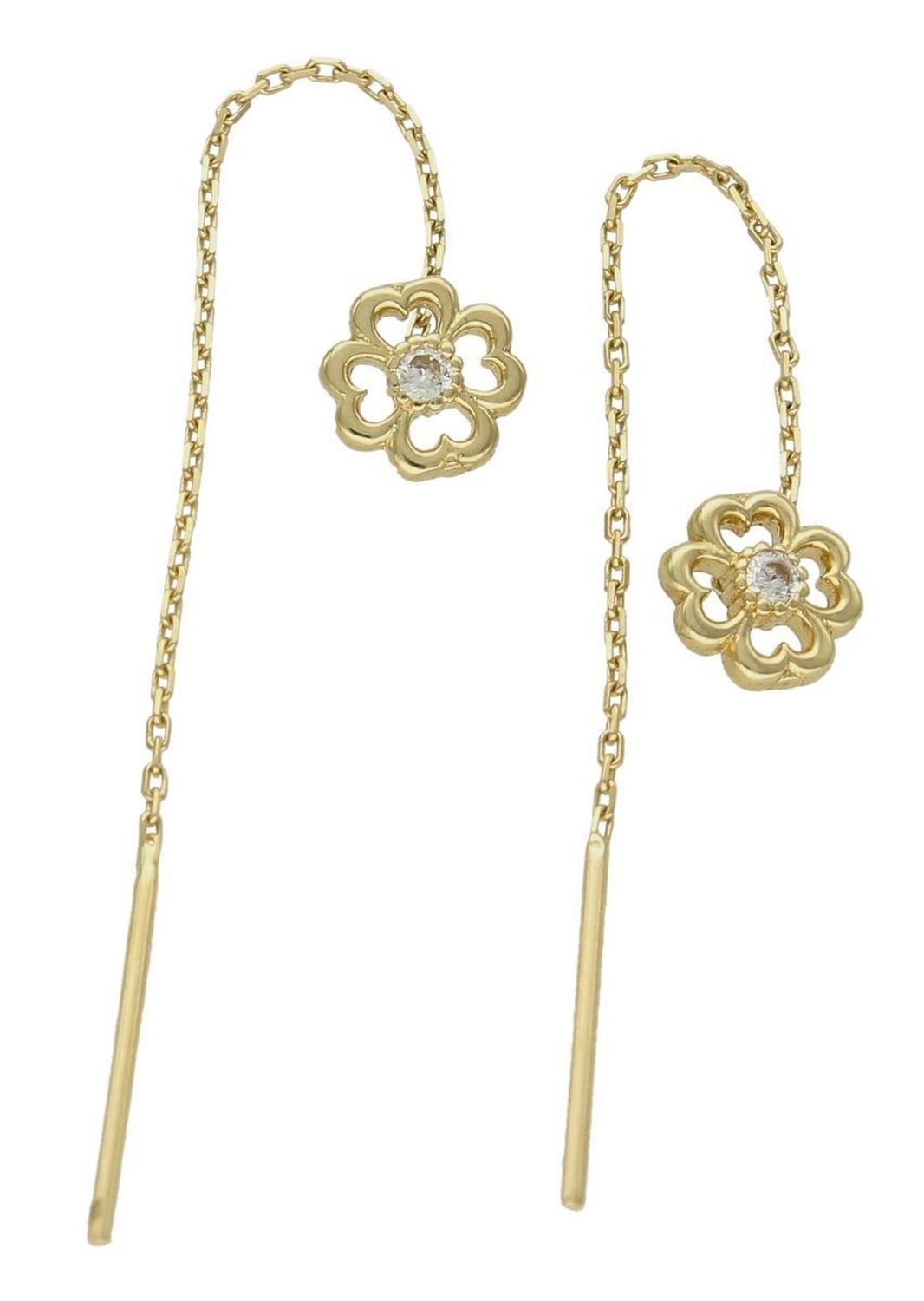 Złote kolczyki 585 wiszące przeciągane kwiatki z cyrkonią KL 3459A 585. Eleganckie, złote kolczyki przeciągany łańcuszek zakończony kwiatkami. Idealne na prezent. Eleganckie, złote kolczyki przeciągane z kwiatkami. Idealne na prezent.jpg